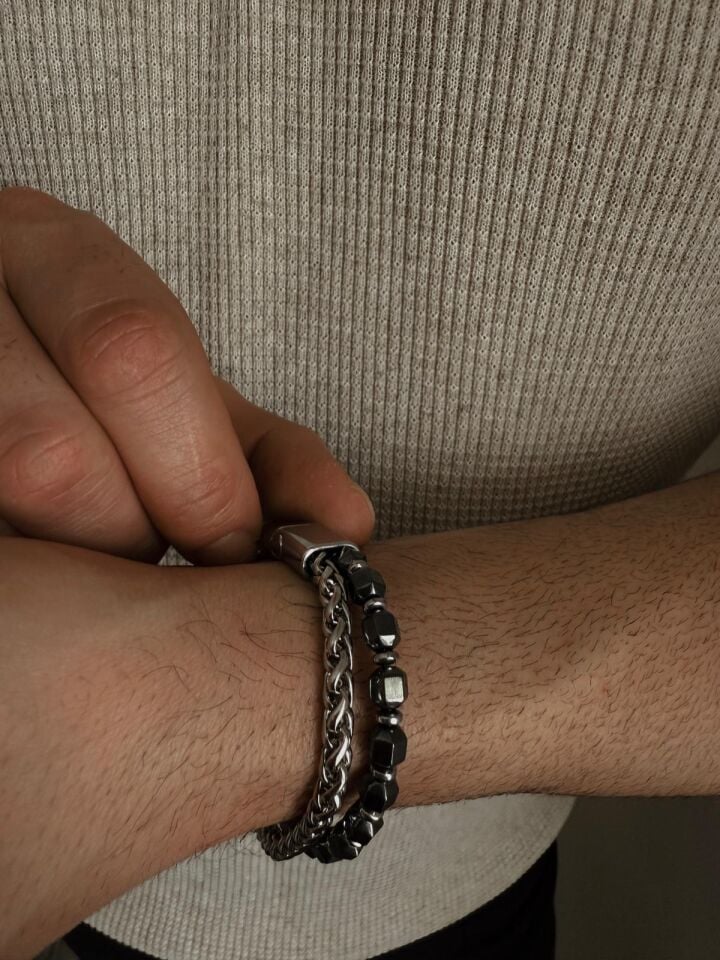 Çelik Zincir İkili Oniks Bileklik