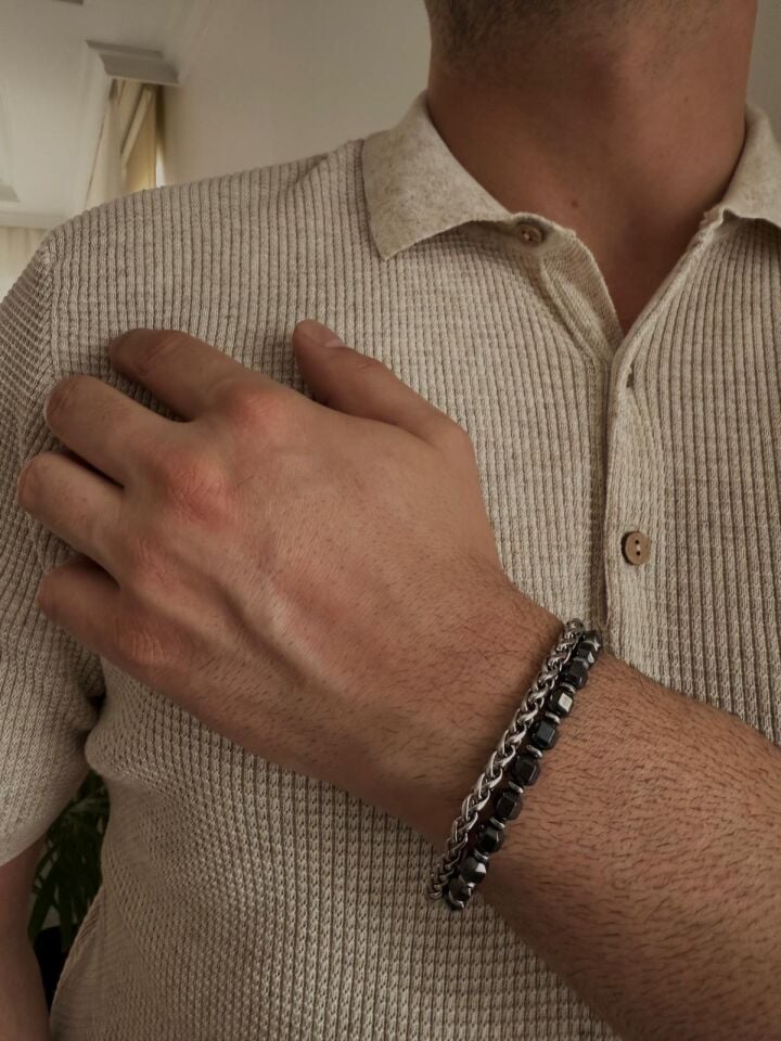 Çelik Zincir İkili Oniks Bileklik